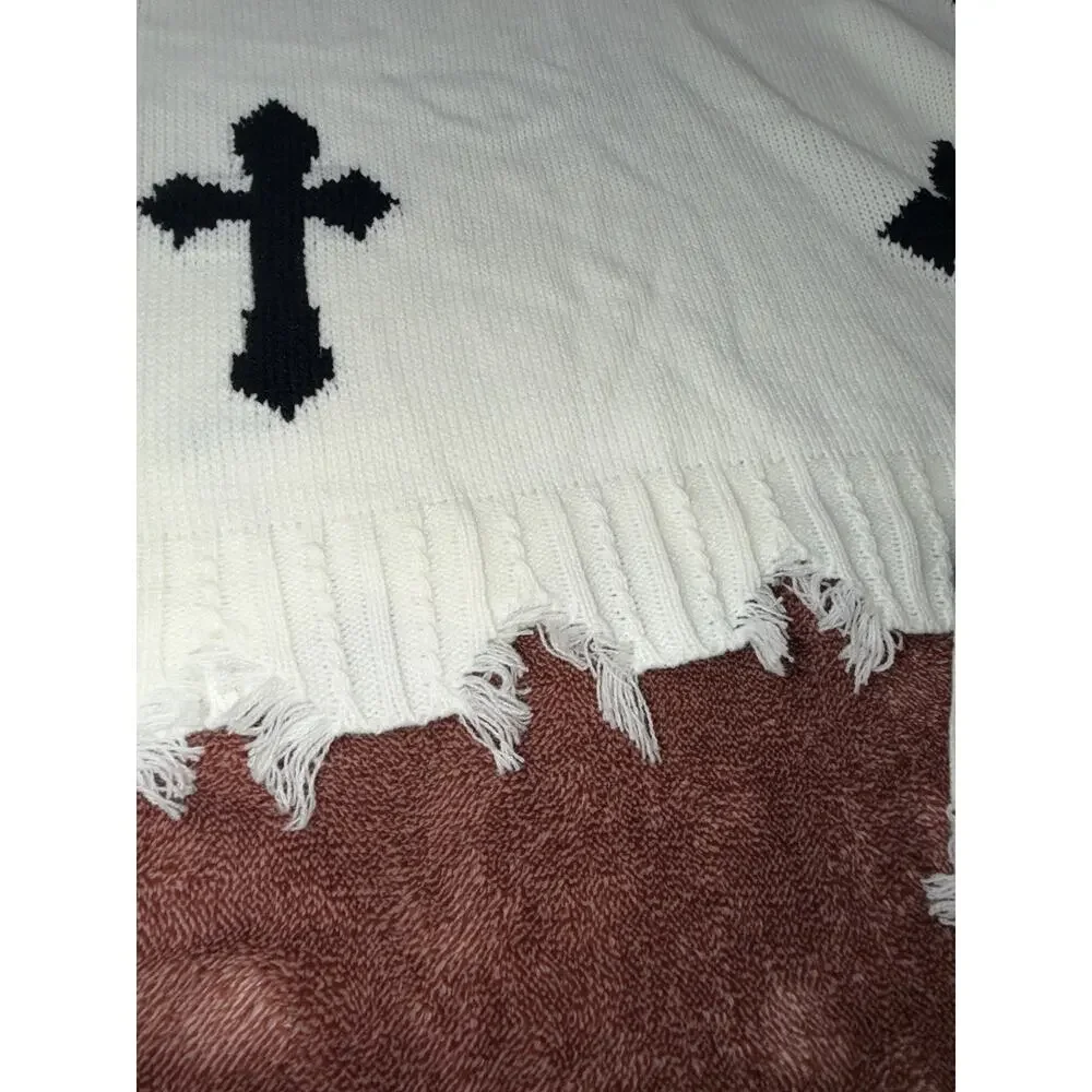 White Distressed Knit Sweater with Black Cross Details